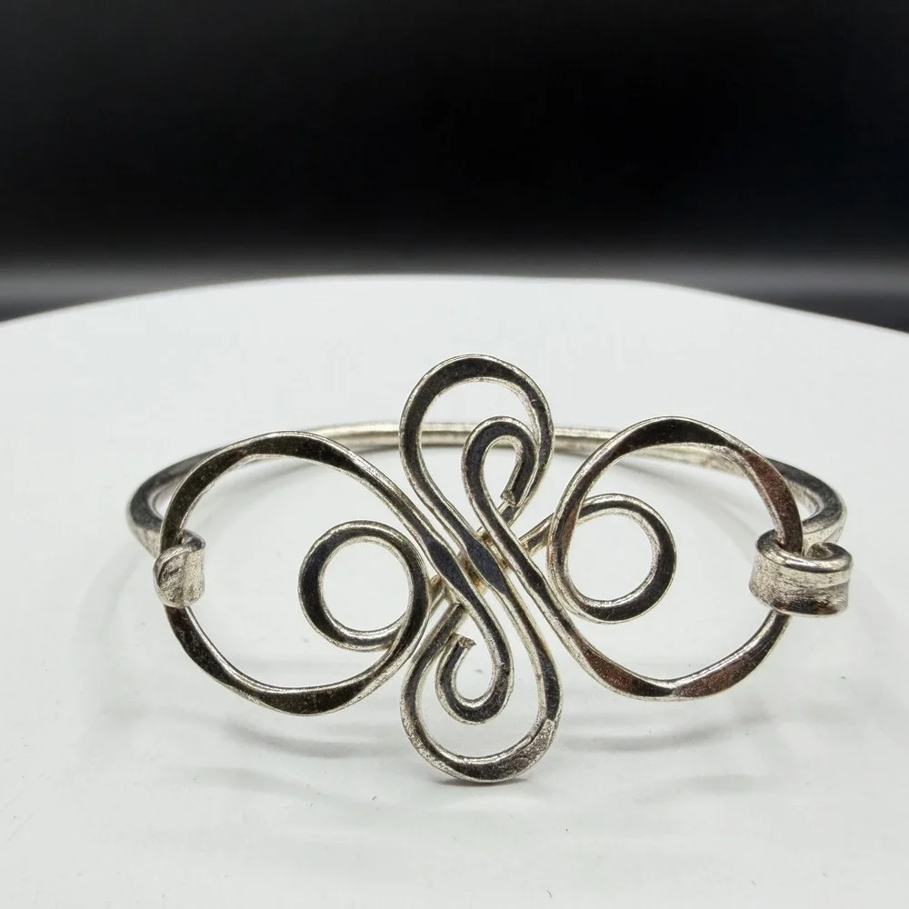 Silver Tone Scrollwork Bangle Bracelet Ornate Wirework Swirl Boho Statement Gift
